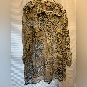 Ruby Road collared button down blouse w/tabbed roll sleeve, sheer animal print.